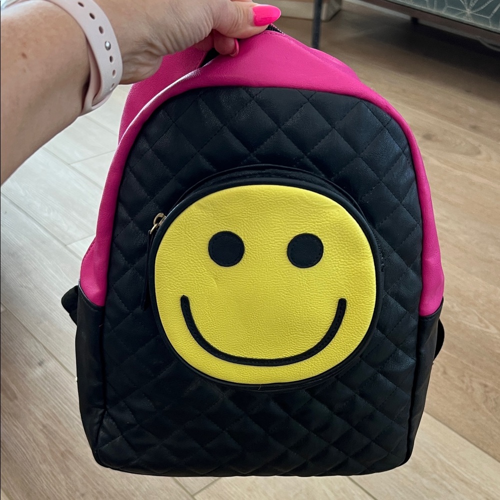 Betsey Johnson Pink and Black Quilted Smiley Backpack